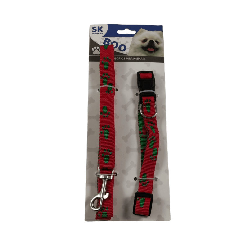 Conjunto de Coleira e Trela Decorada - Vermelho e Verde Conjunto de Coleira e Trela Decorada - Vermelho e Verde