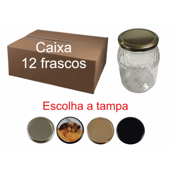 Caixa de 12 Frascos PET Favo para 1 kg de Mel com Tampa