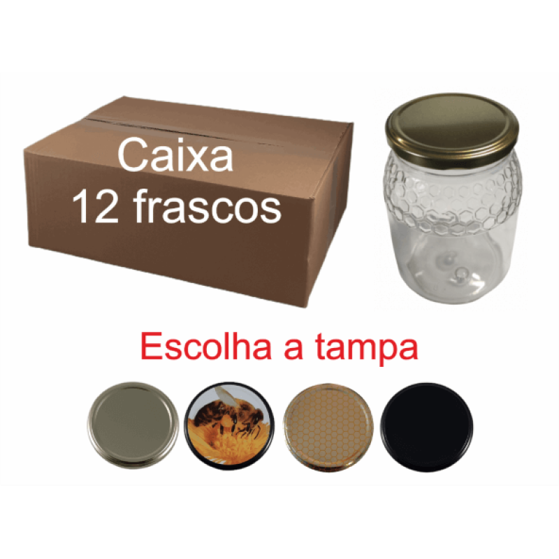 Caixa de 12 Frascos PET Favo para 1 kg de Mel com Tampa