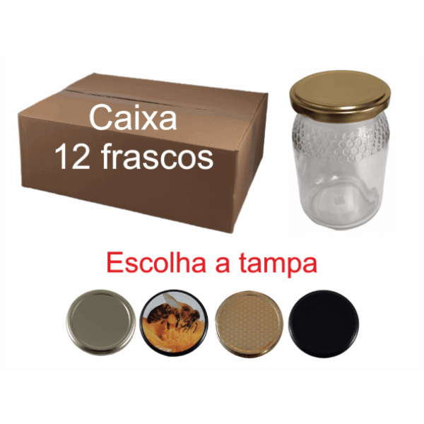 Caixa de 12 Frascos Favo Alto para 500 g de Mel com Tampa