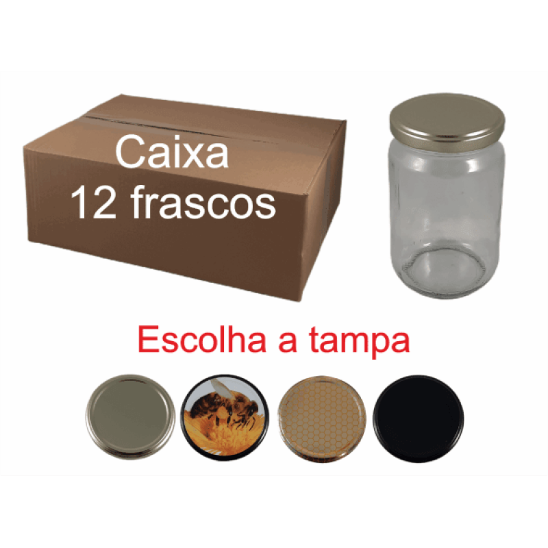 Caixa de 12 Frascos Lisos para 500 g de Mel com Tampa Caixa de 12 Frascos Lisos para 500 g de Mel com Tampa