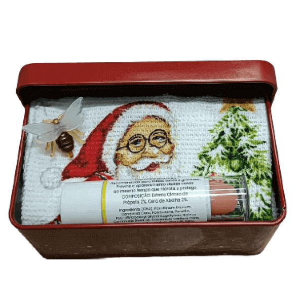 Caixa Metálica de Natal com Protetor Labial de Própolis e Mini Toalha