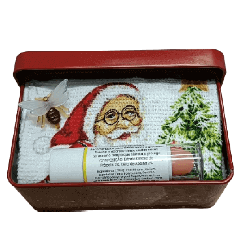 Caixa Metálica de Natal com Protetor Labial de Própolis e Mini Toalha