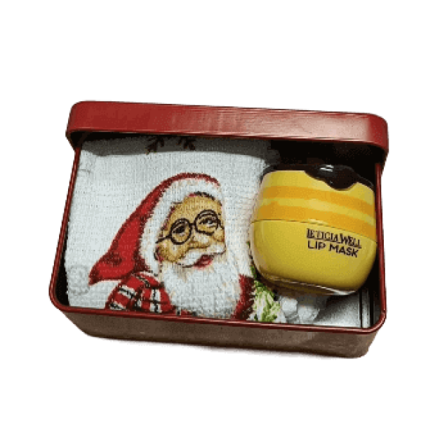Caixa Metálica de Natal com Bálsamo Labial Pote de Mel e Mini Toalha