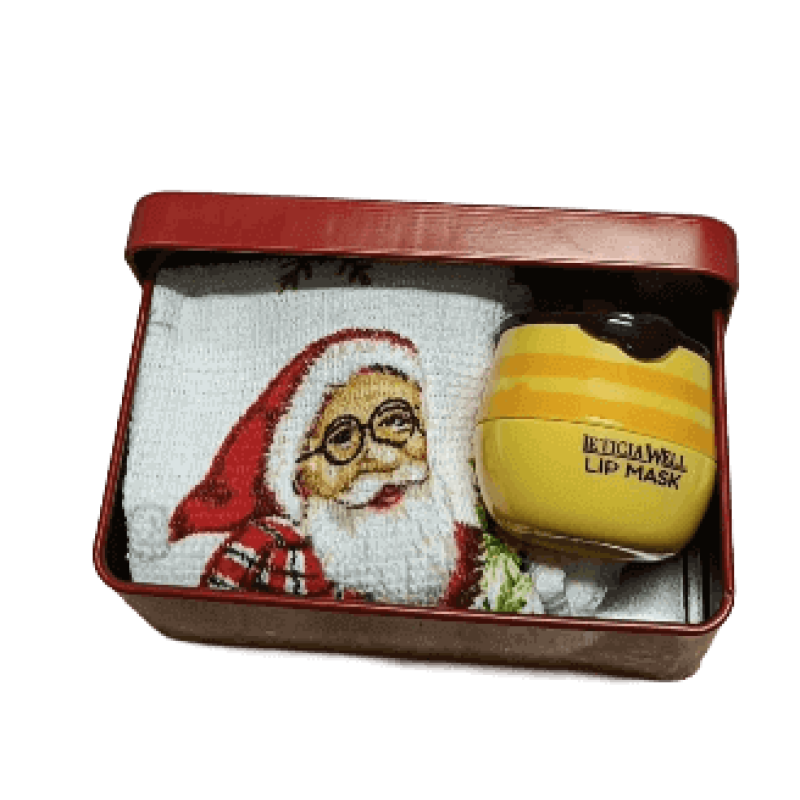 Caixa Metálica de Natal com Bálsamo Labial Pote de Mel e Mini Toalha
