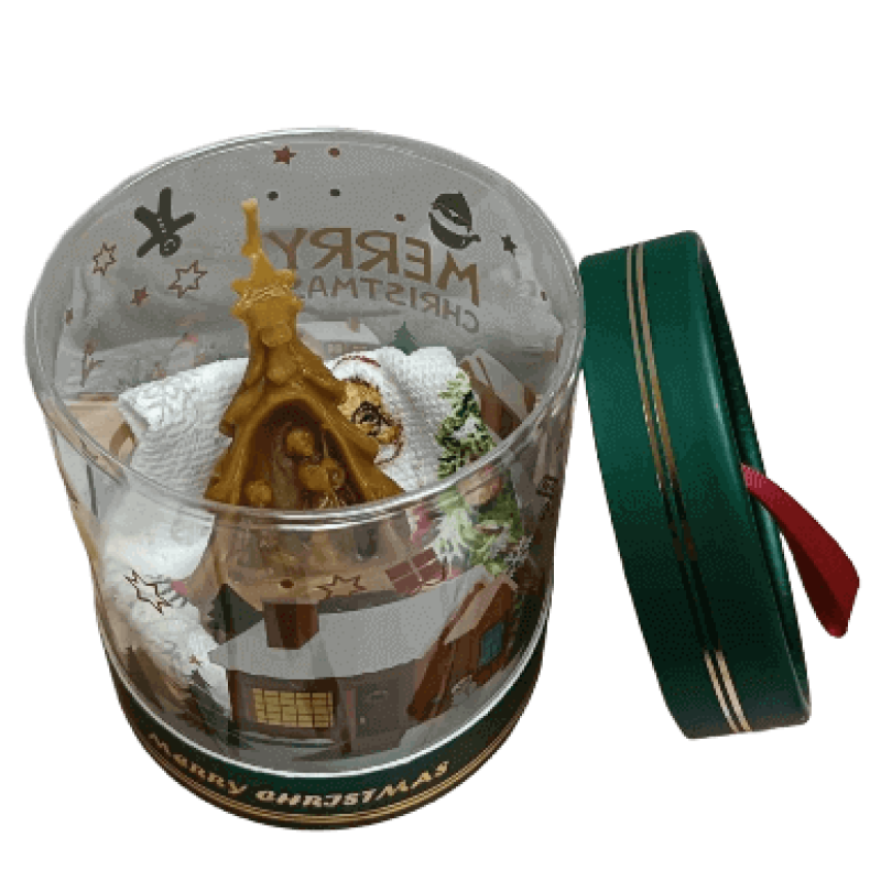 Caixa Redonda de Natal com Mini Toalha e Vela de Cera de Abelha Presépio Pinheiro