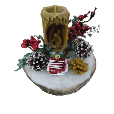 Centro de Natal com Vela de Cera de Abelha – Presépio Tronco