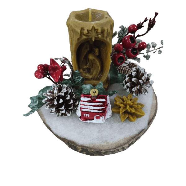 Centro de Natal com Vela de Cera de Abelha – Presépio Tronco