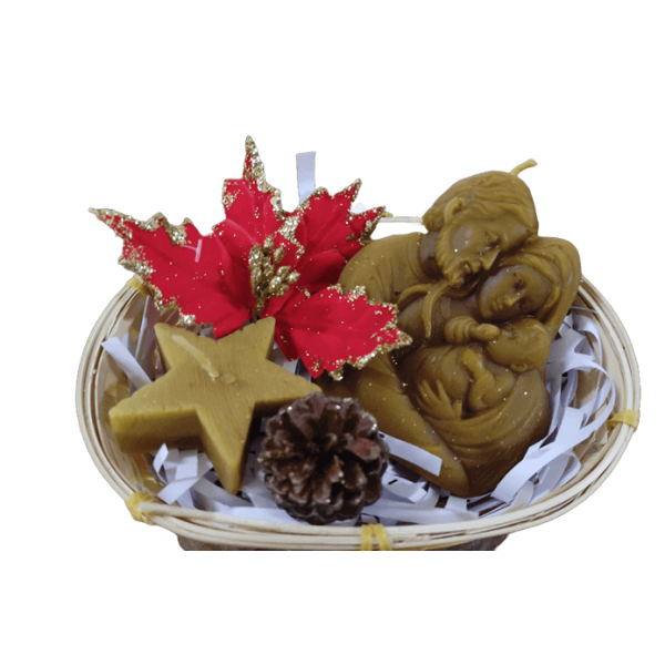 Cesta de Natal com Velas de Cera de Abelha – Sagrada Família e Estrela
